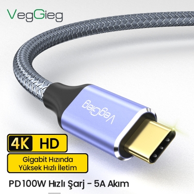 VegGieg USB 3.1 Type-C PD 100W 5A 10Gbps 4K 60Hz Destekli Kablo 1 Metre - 2