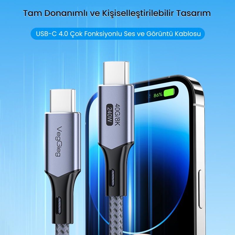 VegGieg USB 4.0 E-Mark 240W 40Gbps Thunderbolt 4 8K 60Hz Type-C Görüntü Hızlı Şarj ve Data Kablosu 1 Metre - 6