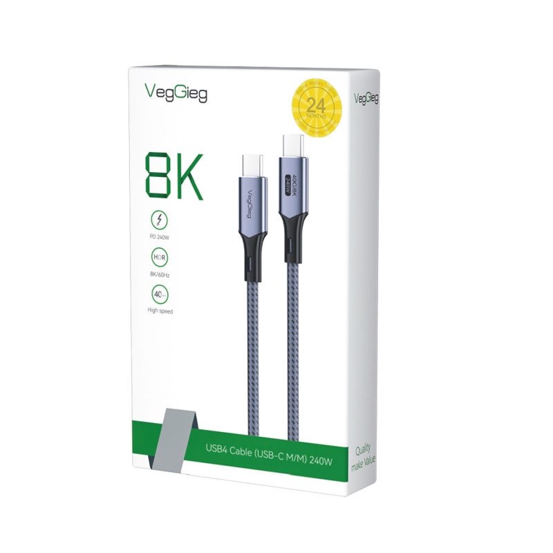VegGieg USB 4.0 E-Mark 240W 40Gbps Thunderbolt 4 8K 60Hz Type-C Görüntü Hızlı Şarj ve Data Kablosu 1 Metre - 8