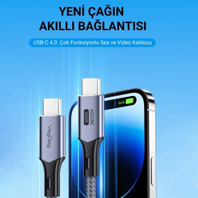 Veggieg USB 4.0 E-Mark 240W 40Gbps Thunderbolt 4 8K 60Hz Type-C Görüntü Hızlı Şarj ve Data Kablosu 1 Metre - 2