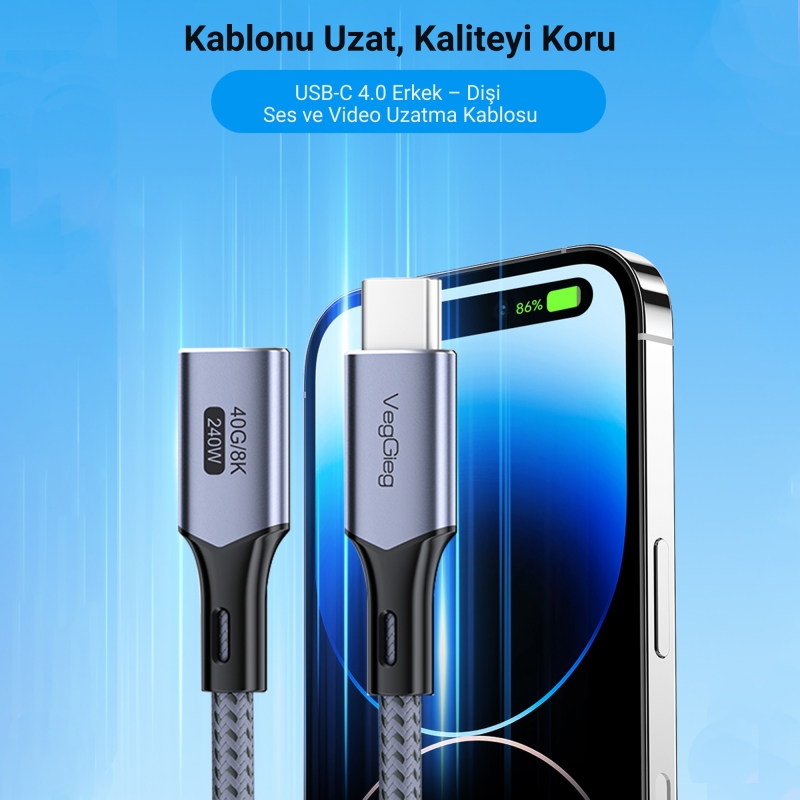 Veggieg USB 4.0 E-Mark 240W 40Gbps Thunderbolt 4 8K 60Hz Type-C Uzatma Kablosu 1 Metre - 2