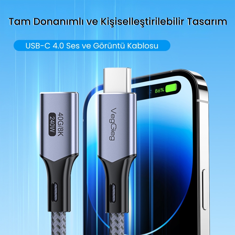 VegGieg USB 4.0 E-Mark 240W 40Gbps Thunderbolt 4 8K 60Hz Type-C Uzatma Kablosu 50 CM - 6