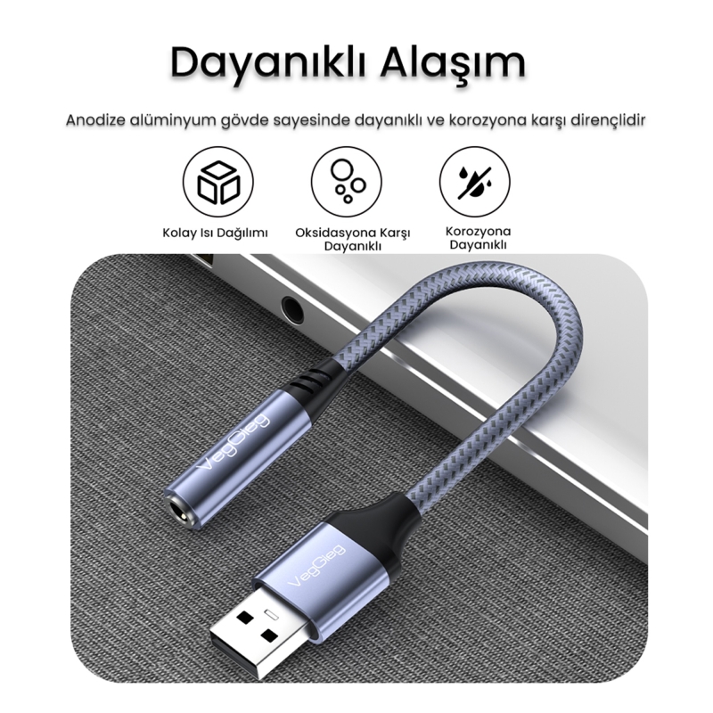VegGieg USB-A to 3.5mm Jack Aux Mikrofon Destekli DAC Chip HiFi Ses Kartı - 5