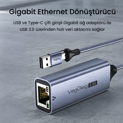 VegGieg USB-A ve Type-C 2.5G Gigabit Ethernet Dönüştürücü Adaptör - 2