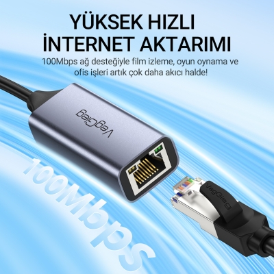 VegGieg USB Type-C 100Mbps Rj45 Lan Ethernet İnternet Çevirici Dönüştürücü - 5