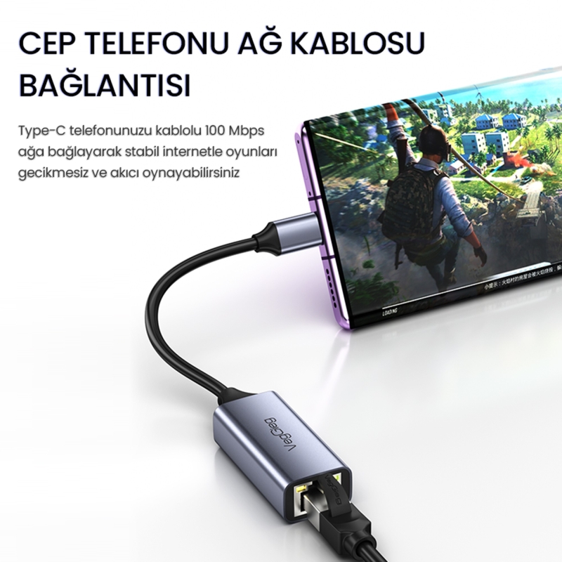 VegGieg USB Type-C 100Mbps Rj45 Lan Ethernet İnternet Çevirici Dönüştürücü - 5