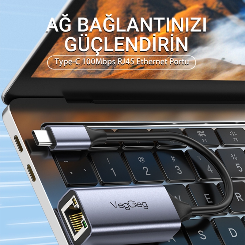 Veggieg USB Type-C 100Mbps Rj45 Lan Ethernet İnternet Çevirici Dönüştürücü - 2
