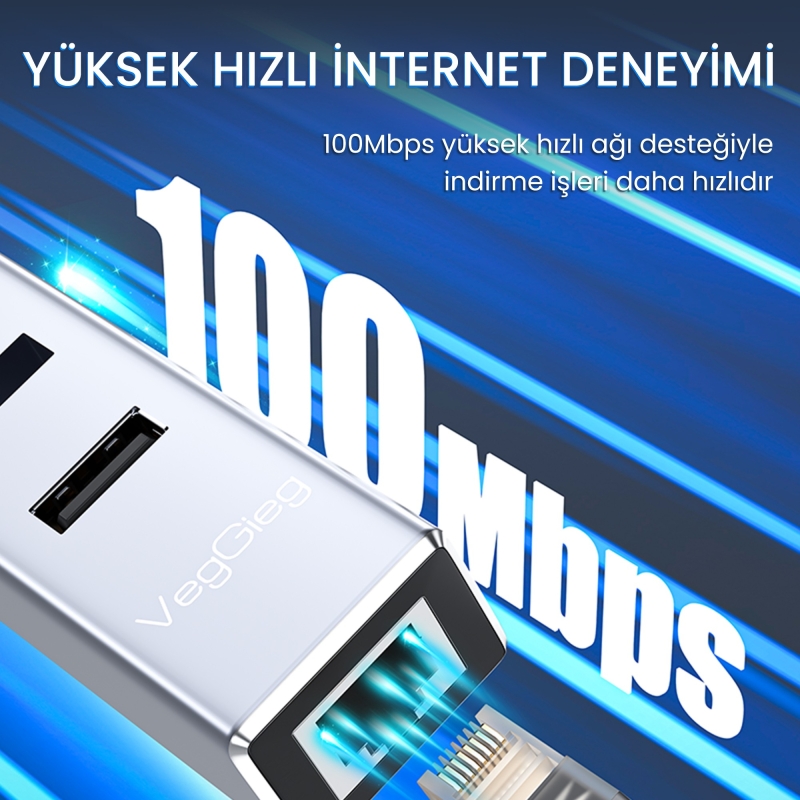 VegGieg USB Type-C to 100Mbps Ethernet Çevirici ve 3 Portlu USB Hub Çoklayıcı - 2