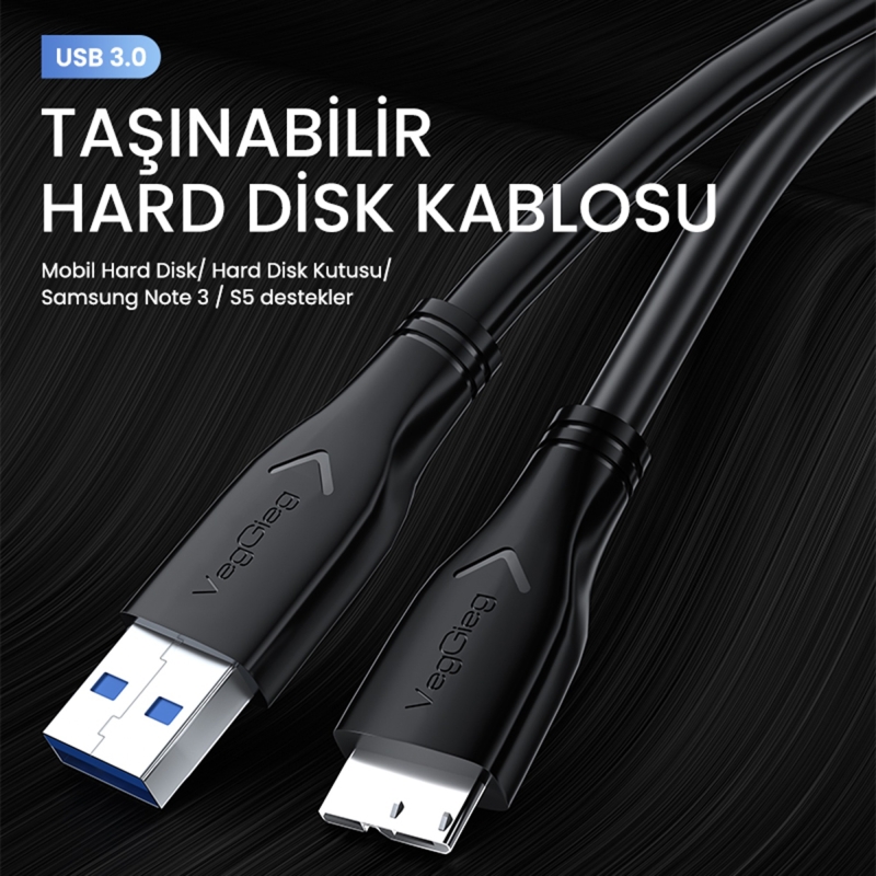 VegGieg USB 3.0 Micro B Şarj ve Data HDD Kablosu 1 Metre - 2
