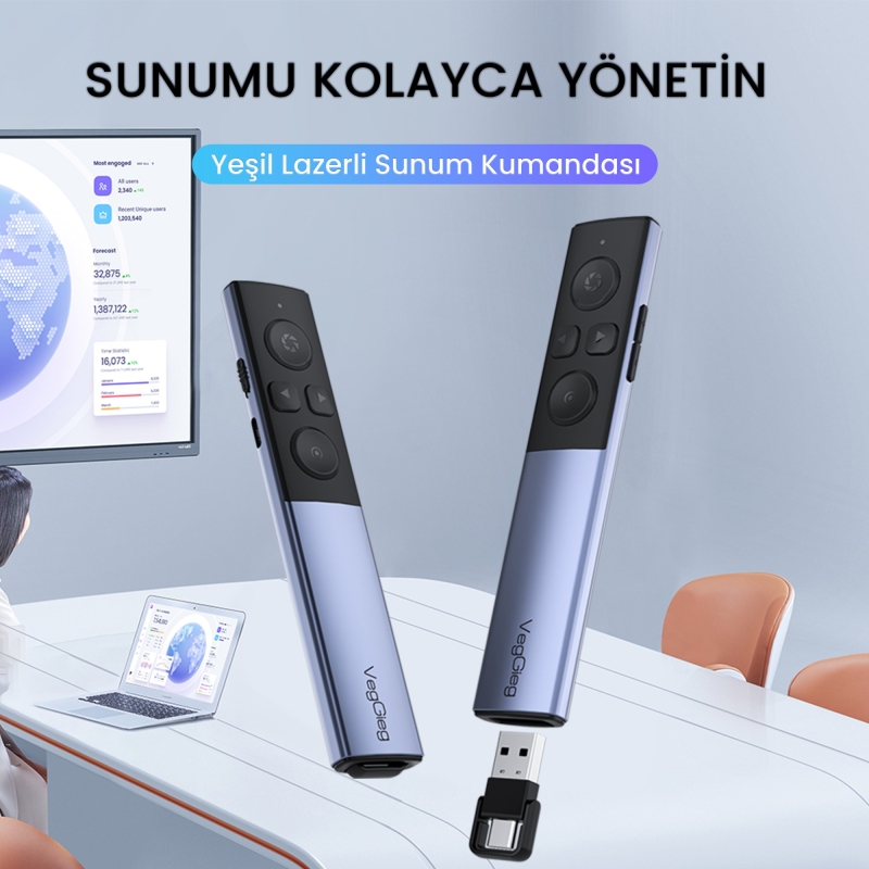 VegGieg Yeşil Lazer Presenter Şarjlı Kablosuz Sunum Kumandası - 2
