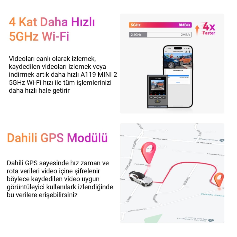 Viofo A119 Mini-2 HDR 2K 60FPS 5GHz WiFi ve GPS'li Araç Kamerası - 9