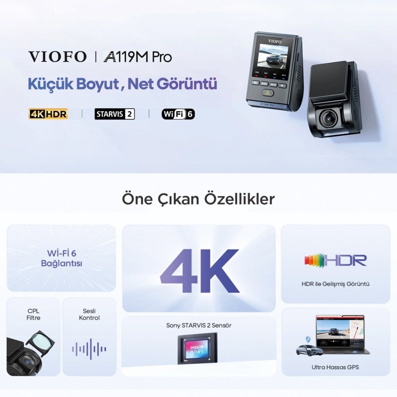 Viofo A119M Pro 4K HDR Sony STARVIS 2 Sensörlü Wi-Fi 6 GPS'li Araç Kamerası - 2