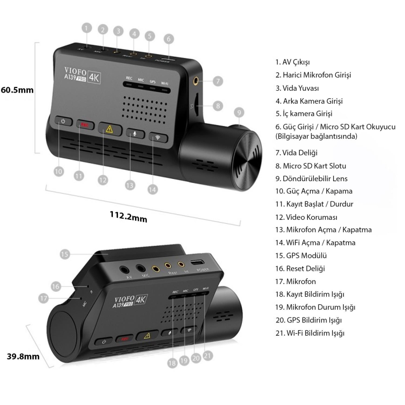 Viofo A139 Pro 3 Kameralı Ön-Arka-iç 4K HDR 5GHz WiFi GPS'li Araç Kamerası - 7