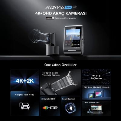 Viofo A229 Pro Tele 2 Kanallı Ön+Telefoto 4K+2K HDR Sony STARVIS 2 Sensör GPS'li Araç Kamerası - 2