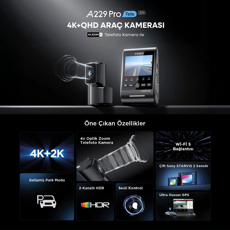 Viofo A229 Pro Tele 2 Kanallı Ön+Telefoto 4K+2K HDR Sony STARVIS 2 Sensör GPS'li Araç Kamerası - 2