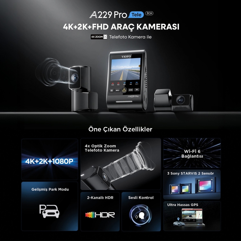 Viofo A229 Pro Tele 3 Kanallı Ön+Telefoto+Arka 4K+2K+1080P HDR Sony STARVIS 2 Sensör GPS'li Araç Kamerası - 2