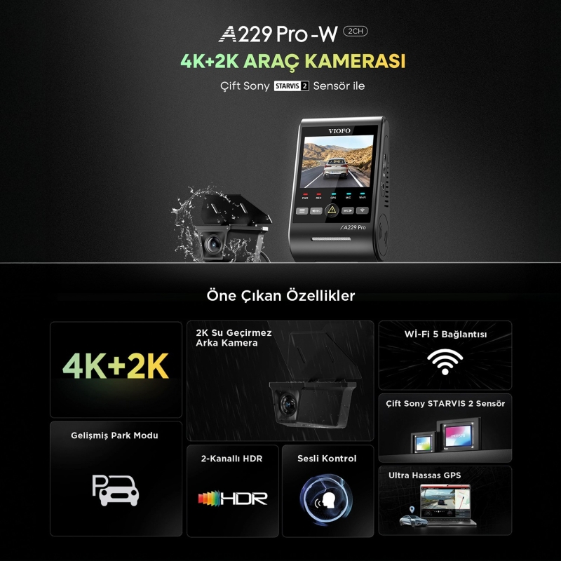 Viofo A229 Pro W 2 Kameralı Ön+Arka Su Geçirmez 4K+2K Sony STARVIS 2 Sensör GPS'li Araç Kamerası - 2
