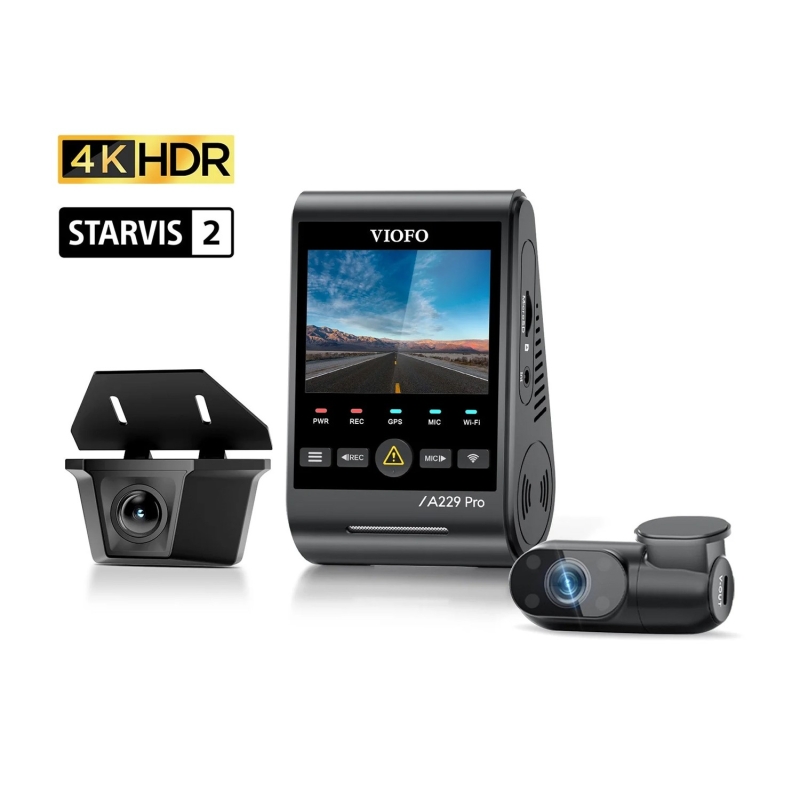Viofo A229 Pro W 3 Kameralı Ön+Arka Su Geçirmez+İç 4K+2K+1080P Sony STARVIS 2 Sensör GPS'li Araç Kamerası - 1