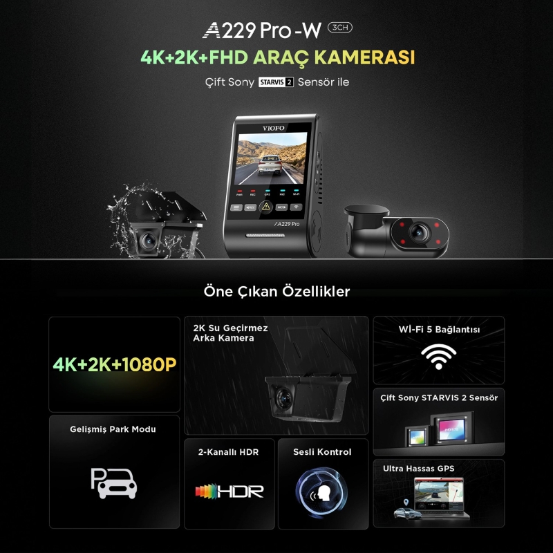 Viofo A229 Pro W 3 Kameralı Ön+Arka Su Geçirmez+İç 4K+2K+1080P Sony STARVIS 2 Sensör GPS'li Araç Kamerası - 2