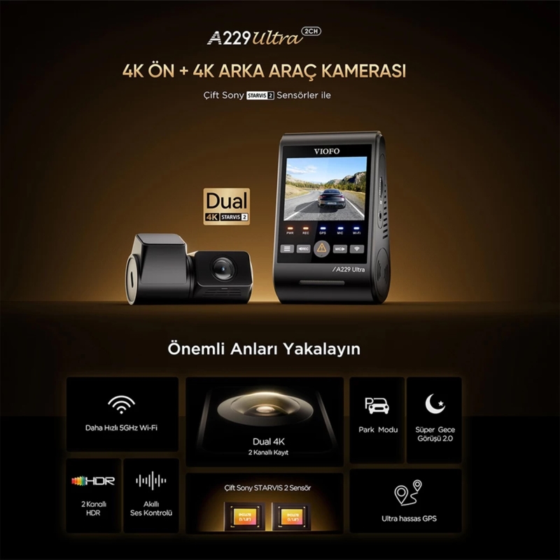 Viofo A229 Ultra 2 Kameralı Ön ve Arka 4K+4K Sony Starvis 2 Sensörlü Dual HDR Wi-Fi 6 GPS'li Araç Kamerası - 2