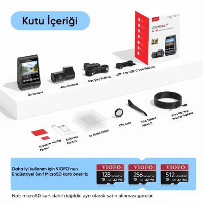 Viofo A229 Ultra 2 Kameralı Ön ve Arka 4K+4K Sony Starvis 2 Sensörlü Dual HDR Wi-Fi 6 GPS'li Araç Kamerası - 7