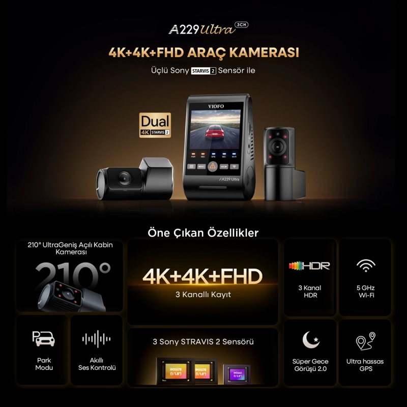 Viofo A229 Ultra 3 Kameralı Ön+Arka+İç 4K+4K+1080P HDR Sony STARVIS 2 Sensörlü Wi-Fi 6 GPS'li Araç Kamerası - 2