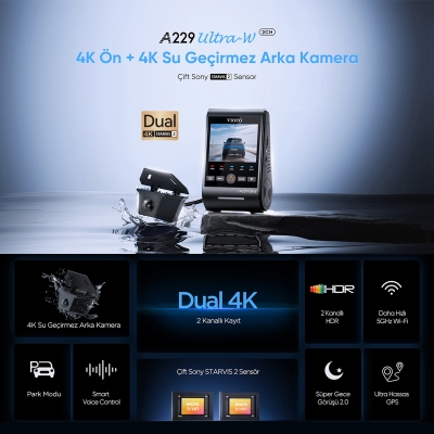 Viofo A229 Ultra-W 2 Kameralı Ön ve Arka Dış Su Geçirmez 4K+4K Sony Starvis 2 Sensörlü Dual HDR Wi-Fi 6 GPS'li Araç Kamerası - 2