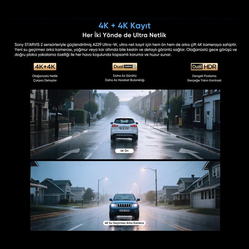 Viofo A229 Ultra-W 2 Kameralı Ön ve Arka Dış Su Geçirmez 4K+4K Sony Starvis 2 Sensörlü Dual HDR Wi-Fi 6 GPS'li Araç Kamerası - 4