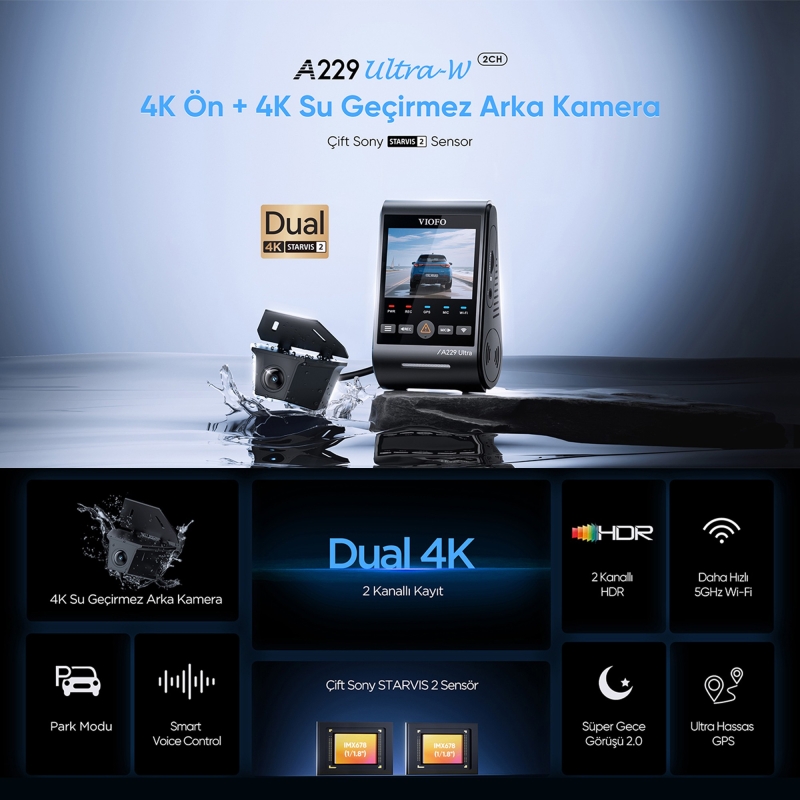 Viofo A229 Ultra-W 2 Kameralı Ön ve Arka Dış Su Geçirmez 4K+4K Sony Starvis 2 Sensörlü Dual HDR Wi-Fi 6 GPS'li Araç Kamerası - 2