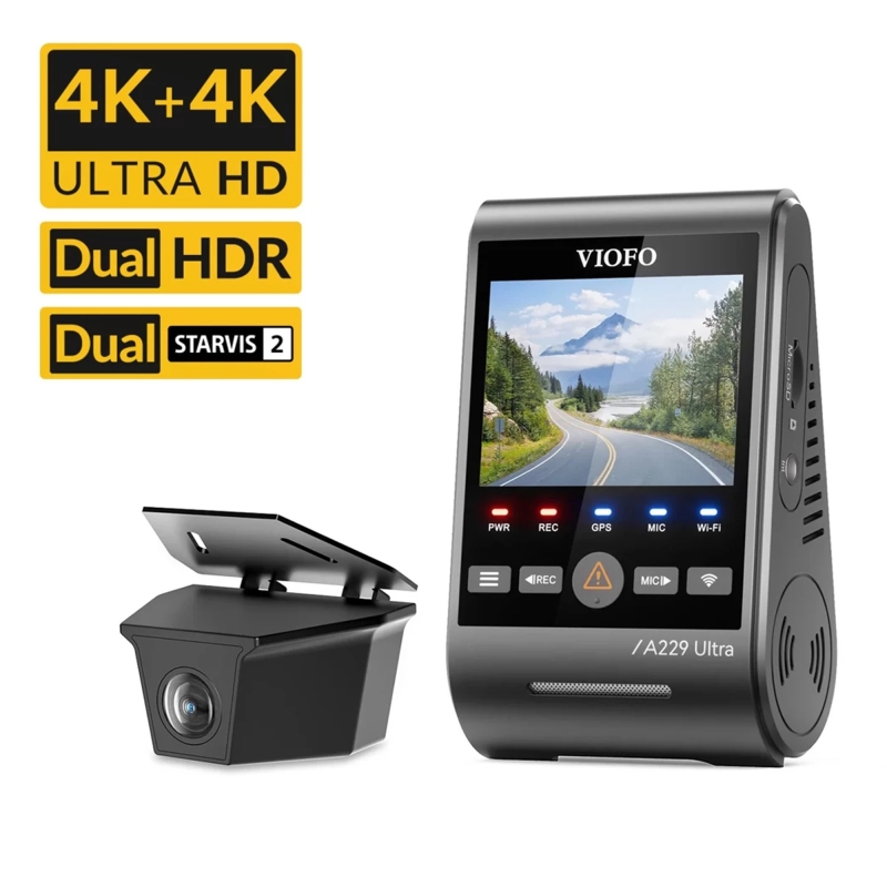 Viofo A229 Ultra-W 2 Kameralı Ön ve Arka Dış Su Geçirmez 4K+4K Sony Starvis 2 Sensörlü Dual HDR Wi-Fi 6 GPS'li Araç Kamerası - 1