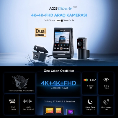 Viofo A229 Ultra-W 3 Kameralı Ön+Arka Su Geçirmez+İç 4K+4K+1080P HDR Sony STARVIS 2 Sensörlü GPS'li Araç Kamerası - 2