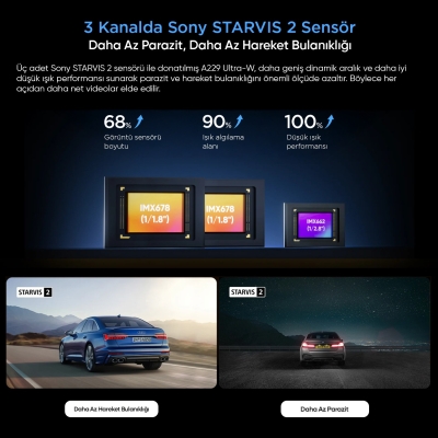 Viofo A229 Ultra-W 3 Kameralı Ön+Arka Su Geçirmez+İç 4K+4K+1080P HDR Sony STARVIS 2 Sensörlü GPS'li Araç Kamerası - 3