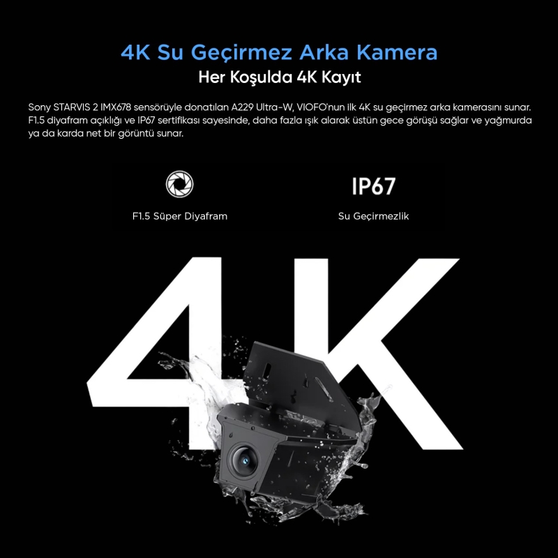 Viofo A229 Ultra-W 3 Kameralı Ön+Arka Su Geçirmez+İç 4K+4K+1080P HDR Sony STARVIS 2 Sensörlü GPS'li Araç Kamerası - 5