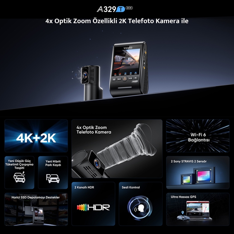 Viofo A329T 2 Kameralı Ön+Telefoto 4K 60FPS+2K Wi-Fi 6 HDR Sony STARVIS 2 Sensör GPS'li SSD Destekli Araç Kamerası - 2