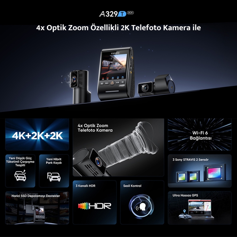 Viofo A329T 3 Kameralı Ön+İç+Arka 4K+2K+2K Wi-Fi 6 HDR Sony STARVIS 2 Sensör GPS'li SSD Destekli Araç Kamerası - 2