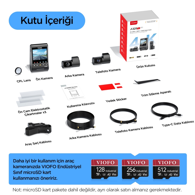 Viofo A329T 3 Kameralı Ön+İç+Arka 4K+2K+2K Wi-Fi 6 HDR Sony STARVIS 2 Sensör GPS'li SSD Destekli Araç Kamerası - 8