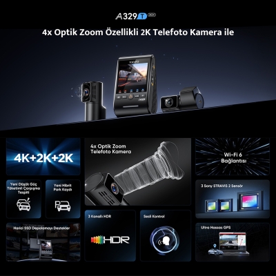 Viofo A329T 3 Kameralı Ön+Telefoto+Arka 4K+2K+2K Wi-Fi 6 HDR Sony STARVIS 2 Sensör GPS'li SSD Destekli Araç Kamerası - 2