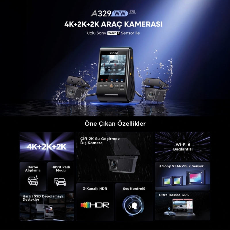 Viofo A329WW 3 Kanal 4K Tır ve Kamyon Araç Kamerası – Ön 4K + Çift 2K HDR Su Geçirmez Arka Kamera, Sony STARVIS 2 Sensör - 2
