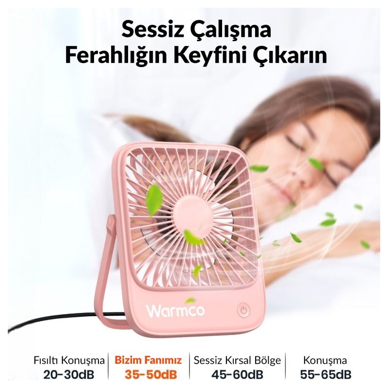 Warmco D1 Masaüstü Vantilatör USB ve Type-C Bağlantılı Taşınabilir Ultra İnce Soğutucu Fan Pembe - 2