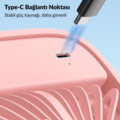 Warmco D1 Masaüstü Vantilatör USB ve Type-C Bağlantılı Taşınabilir Ultra İnce Soğutucu Fan Pembe - 3