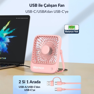 Warmco D1 Masaüstü Vantilatör USB ve Type-C Bağlantılı Taşınabilir Ultra İnce Soğutucu Fan Pembe - 4