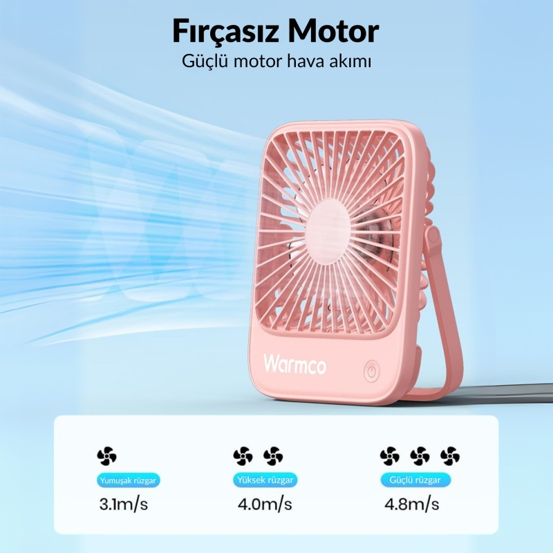 Warmco D1 Masaüstü Vantilatör USB ve Type-C Bağlantılı Taşınabilir Ultra İnce Soğutucu Fan Pembe - 5