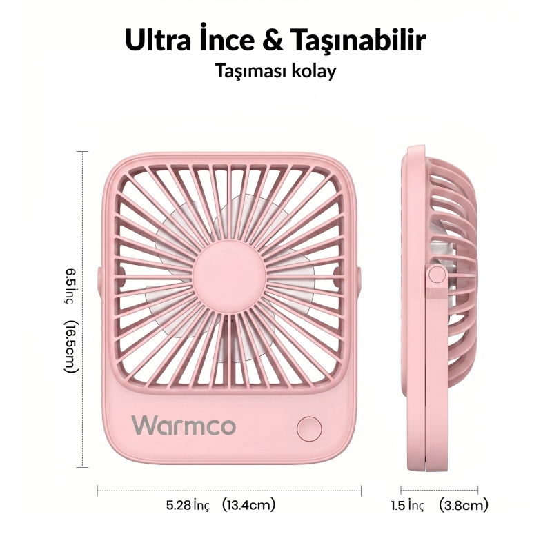 Warmco D1 Masaüstü Vantilatör USB ve Type-C Bağlantılı Taşınabilir Ultra İnce Soğutucu Fan Pembe - 7