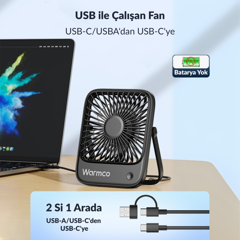 Warmco D1 Masaüstü Vantilatör USB ve Type-C Bağlantılı Taşınabilir Ultra İnce Soğutucu Fan Siyah - 4