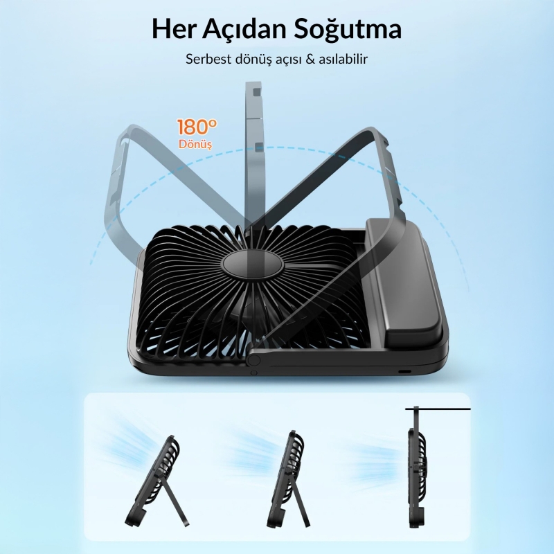 Warmco D1 Masaüstü Vantilatör USB ve Type-C Bağlantılı Taşınabilir Ultra İnce Soğutucu Fan Siyah - 5