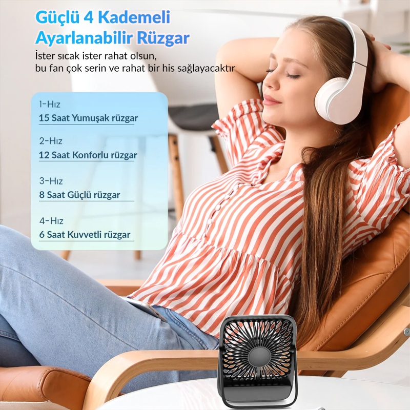 Warmco D2 5000mAh Şarjlı Masaüstü Vantilatör Dijital Göstergeli Taşınabilir Ultra İnce Soğutucu Fan Beyaz - 4