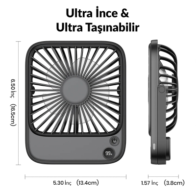 Warmco D2 5000mAh Şarjlı Masaüstü Vantilatör Dijital Göstergeli Taşınabilir Ultra İnce Soğutucu Fan Beyaz - 9