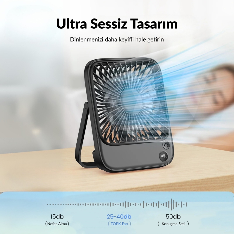 Warmco D2 5000mAh Şarjlı Masaüstü Vantilatör Dijital Göstergeli Taşınabilir Ultra İnce Soğutucu Fan Pembe - 3