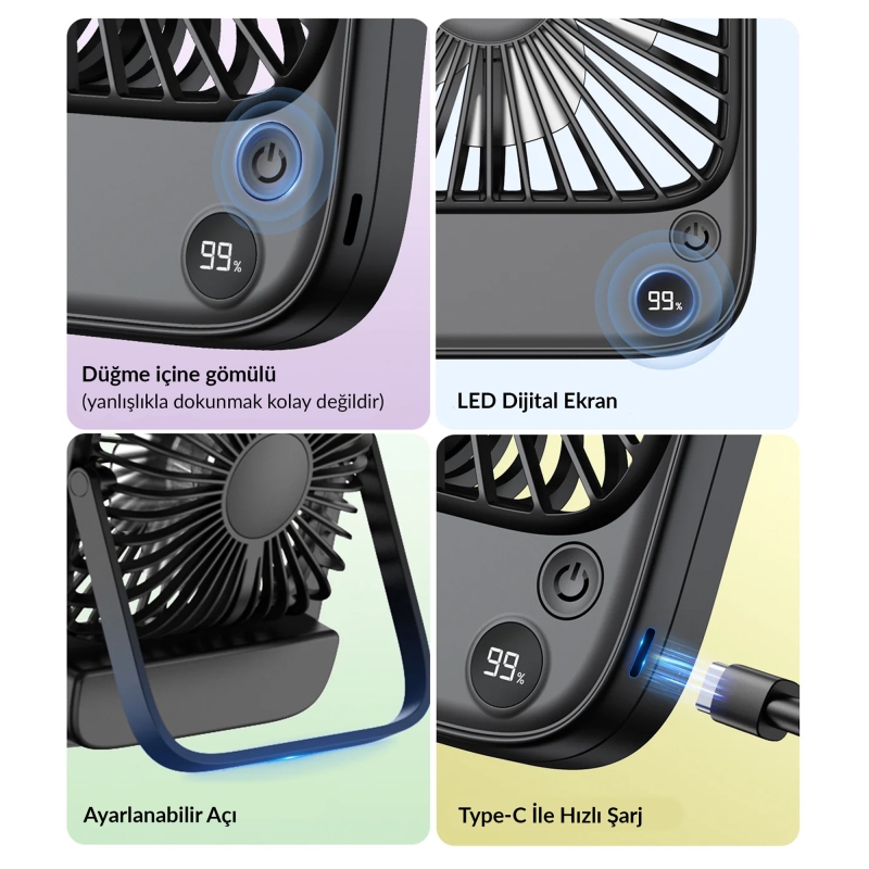 Warmco D2 5000mAh Şarjlı Masaüstü Vantilatör Dijital Göstergeli Taşınabilir Ultra İnce Soğutucu Fan Siyah - 2