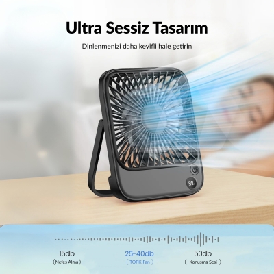 Warmco D2 5000mAh Şarjlı Masaüstü Vantilatör Dijital Göstergeli Taşınabilir Ultra İnce Soğutucu Fan Siyah - 3